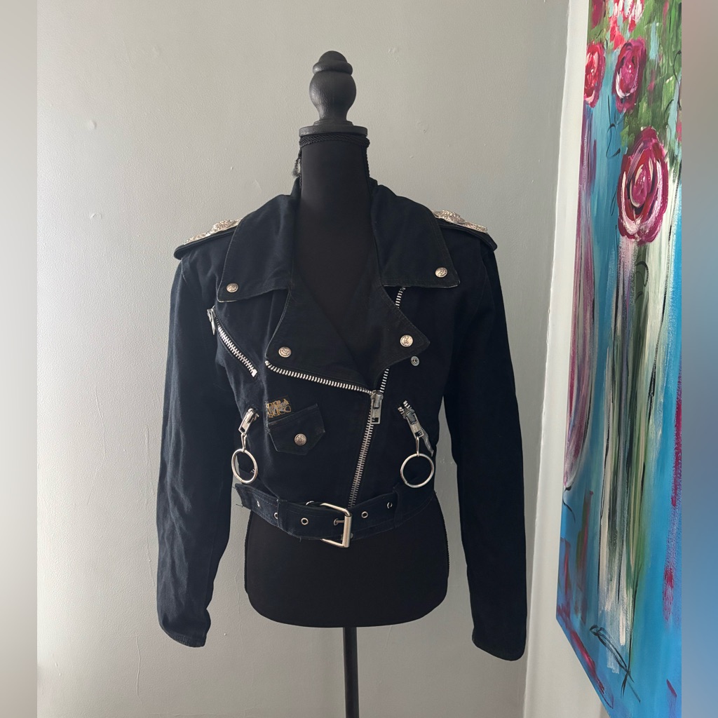 Vtg Parasuco Moto Jacket Black Denim Size M Biker Silver Embellishment